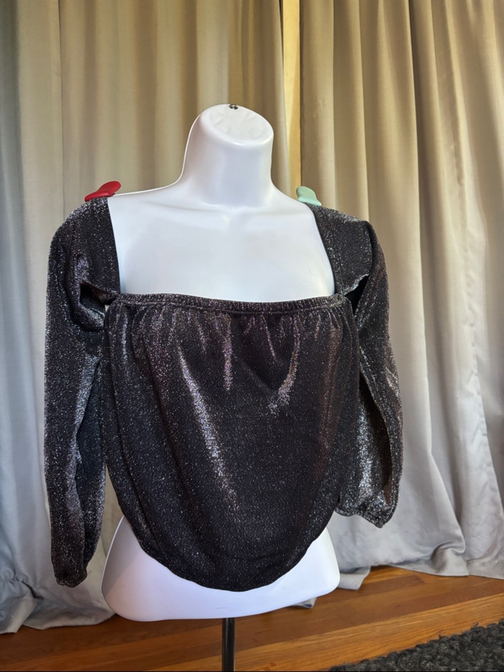 Fashion Nova Shimmery Black Square-Neck Long Sleeve Blouse